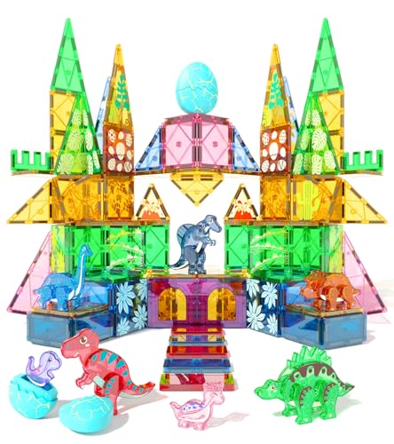 Asago Dinosaur Toys Magnetic Tiles Set - 2 Eggs, 2 Baby Dinos & 5 Large Dinosaurs for Kids 3-5, 105pcs Magnetic Building Blocks for Toddlers 1-3 4-8，Magnet Tiles Educational Toy for Boys Girls