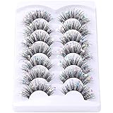 Glitter Lashes Dramatic False Eyelashes with Shinny Glitter Decorative Colored Lashes Glow in the Dark Faux Mink Eyelahses Cat Eye Strip Lashes Pack 7 Pairs