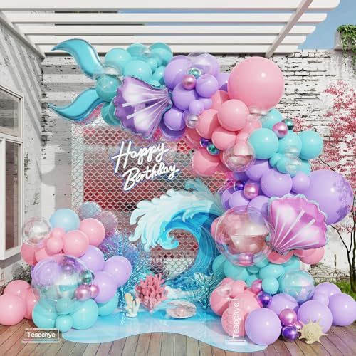 Mermaid Balloon Garland Arch Kit, Pastel Pink Purple Teal Blue Clear Balloons with Tail Seashell Foil Balloons for Little Mermaid Birthday Party Decorations Summer Under The Sea Ocean Party