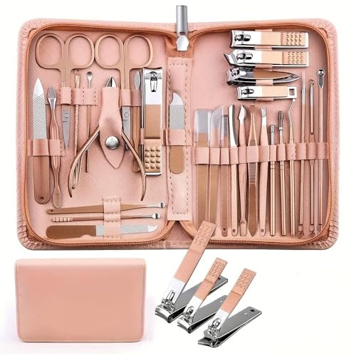 30 pcs Nail Clippers Manicure Tool Set, with Portable Travel Case, Cuticle Nippers and Cutter Kit, Professional Nail Clippers,Rose Golden 30 pcs