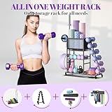 Mythinglogic Dumbbell Rack for Home Gym, Weight Rack for Dumbbells Hold up to 420 Pounds, Multifunctional Yoga Mat Holder for Barbell plates and Kettlebells, Home Gym Storage Rack with Casters