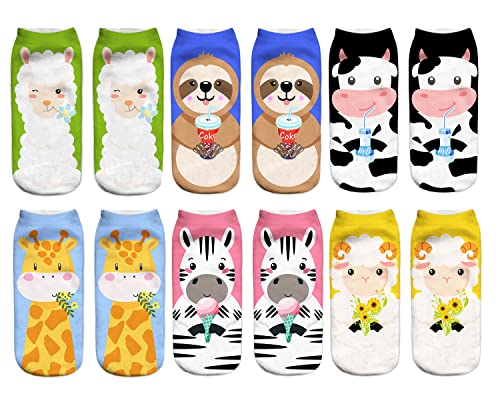 Benefeet Funny Animal Socks - 6 Pack Novelty Sloth, Sheep, Cow, Giraffe, Zebra 3D Print Ankle Socks for Teen Girls & Women - Cool Gifts
