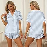 SAPJON Satin Silk Pajamas for Women 2Pcs Ruffle Notch Collar Sleepwear Button Down Short Sleeve Shorts Pjs Set Loungewear