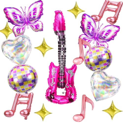 Singer Balloons 16Pcs Butterfly Music Note Guitar Disco Foil Balloons for Birthday Disco Party Singer Fans Party Decoration Supplies