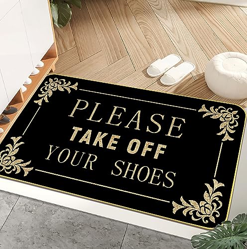 Funny Welcome Mats Please Take Off Your Shoes Mat for Entrance Indoor and Outdoor Personalized Mats Anti-Slip Novelty Gift Mat 17 x 29 Inch (Black)
