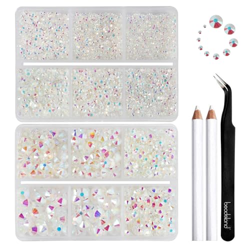 Beadsland 8300PCS Flatback Rhinestones, Glass Rhinestone Nail Gems Round Crystal Rhinestones for Crafts, Mixed 10 Sizes with Wax Pencil and Tweezer Kit, SS3-SS30, Transparent AB