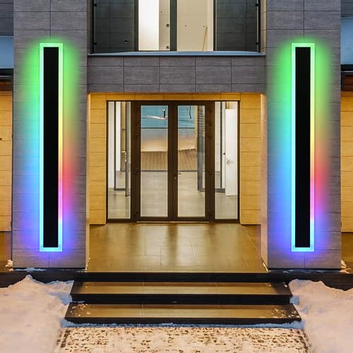 MELUCEE 2pcs 60in Long RGB Outdoor Wall Light Fixture, 5.1in Wide Dimmable Exterior Wall Lights IP65 Waterproof for Garage and Front Door, Long Outdoor Wall Sconce Black LED Outdoor Entrance Lighting