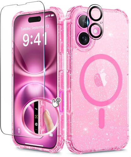 BERFY Compatible with iPhone 16 Plus Case, [Compatible with Magsafe], with 9H Tempered Screen Protector + Camera Lens Protector, Clear Sparkly Hard Phone Case for Women 6.7", Magnetic Hot Pink