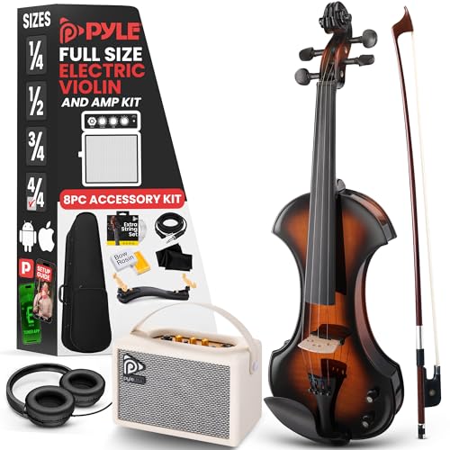 Pyle 4/4 Silent Electric Violin with Amplifier Kit, Solid Wood Fiddle with 10W Amp and Complete Accessories, Full Size Orchestral String Instrument For Beginner & Professional Use