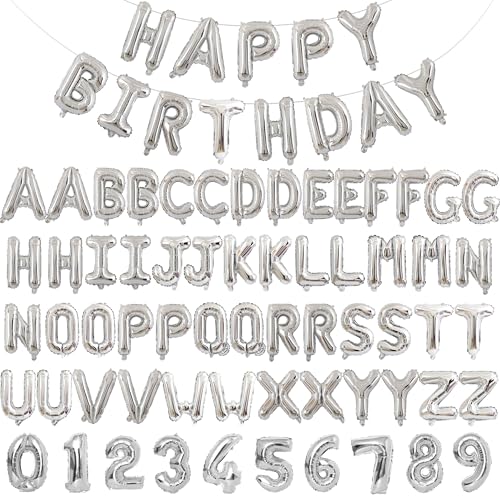 75pcs 16" Happy Birthday Balloon Banner, Silver Balloons Letters, Personalized Mylar Foil Birthday Decorations includes 2 Sets A- Z, 1 set Number 0-9 "HAPPY BIRTHDAY" letters