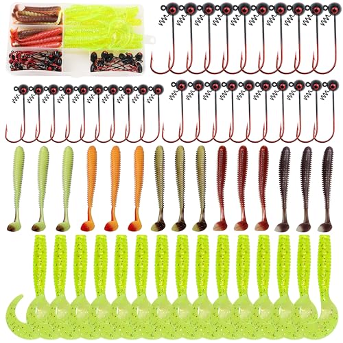 OROOTL Shaky Heads Grub Lures Kit, 60pcs Tungsten Shaky Head Jig Hooks Soft Baits for Bass Fishing Shakeyhead Jigs with Spring Screw Lock 1/4oz 1/8oz 1/16oz
