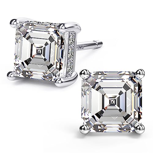 18K White Gold Plated Sterling Silver Asscher Cut Cubic Zirconia Stud Earrings for Women Men | Square CZ Stud Earrings Simulated Diamond Earrings Studs (7MM, White Gold)