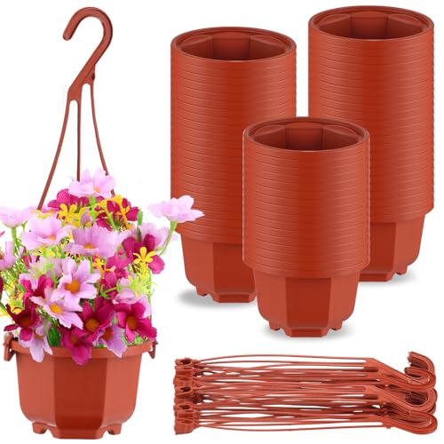 Roshtia 50 Pcs Plastic Hanging Plant Pots with Hooks Flower Pots Baskets Outdoor Hanging Nursery Planter Holder for Home Garden Balcony Porch(Brown,3.7 inch)