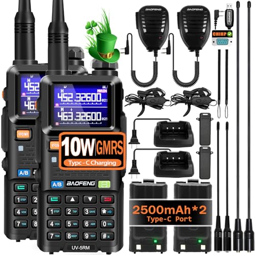 BAOFENG UV-5RM 10W Handheld Ham Radio Long Range, Portable Two Way Radio with 2500mAh Type-C Charging Battery, Rechargeable 5RM Multi-Band Walkie Talkies for Adults (2 Pack)