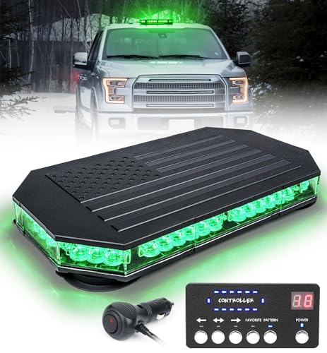 LUMENIX Green LED Rooftop Strobe Beacon Lights Magnetic Mount Emergency Flashing Safety Warning Caution Traffic Light Bar, for Law Enforcement POV Vehicles Towing Trucks Snowplow - Patented Design