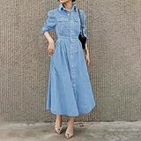 AprPith Women Denim Shirt Dress V Neck Long Sleeve Long Bottom Down A-Line Jeans Dresses with Pockets Light Blue