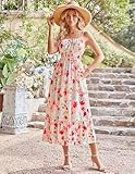 GRACE KARIN Women's 2025 Summer Casual Boho Sundress Flower Spaghetti Strap Square Neck Flowy Maxi Dresses with Pockets Red White Floral XXL