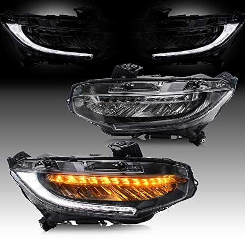 VLAND LED Headlights Assembly Compatible For 10TH Gen Honda Civic Sedan/Coupe/Hatchback/Type R 2016 2017 2018 2019 2020 2021, W/Sequential Turn Signal, LED DRLs, H/L Beam Lens