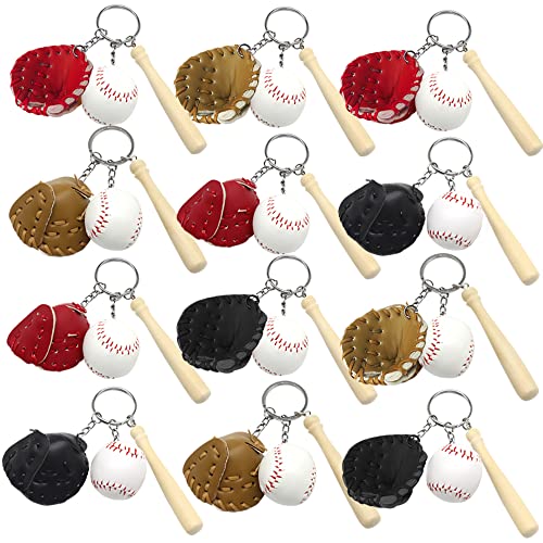 ArtCreativity Baseball Keychains for Kids, Set of 12, Wooden Bat With Ball and Mitt, Party Favors, Sports Goodie Bag Fillers, Gifts for Athletes, 3 Colors