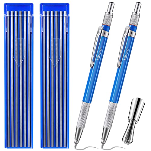 Hiboom 2 Pcs Welders Pencil with 24 Pcs Silver Round Refills, Mechanical Pencils Metal Marker with Built in Sharpener for Pipe Fitter Welder Steel Construction Fabrication Woodworking, Design Patent