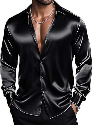 Barry.Wang Mens Black Silk Satin Dress Shirts Shiny Luxury Long Sleeve Button Down Shirts Formal Casual Disco Wedding