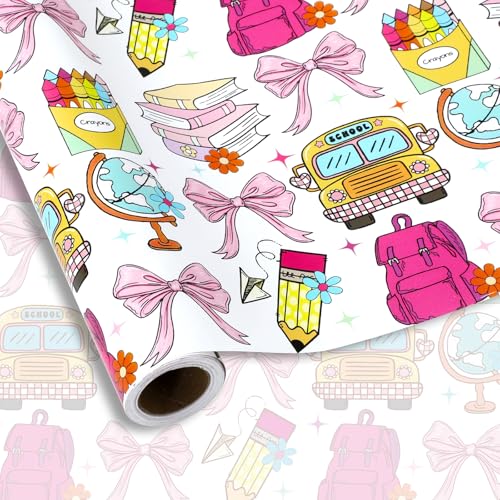 JarThenaAMCS Back to School Wrapping Paper -Mini Roll- 17 Inch x 32.8Ft Bow School Bus Book Pencil Gift Wrap Paper Art Paper for Birthday DIY Crafts
