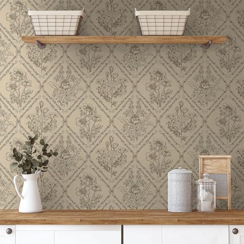 Toduso Peel and Stick Wallpaper Vintage Wall Paper Boho Contact Paper Brown Floral Removable Wallpaper for Bathroom Bedroom Flower Waterproof Self Adhesive Vinyl Drawer Decor 17.3"x196.8"