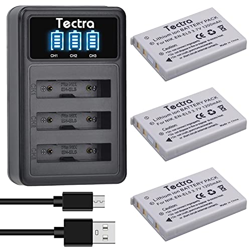 Tectra 3X EN-EL5 ENEL5 Batteries + LED 3-Slots Charger for Nikon Coolpix P530, P510, P500, P520, P3, P4, P90, P80, P100, P5000, P6000, S10, 3700, 4200, 5200, 5900, 7900 Cameras