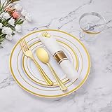 Goodluck 350 Piece Gold Plastic Dinnerware Set for 50 Guests, Fancy Disposable Plates for Party, Include: 50 Dinner Plates, 50 Dessert Plates, 50 Pre Rolled Napkins with Silverware, 50 Cups