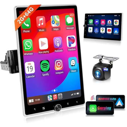 2G+64G Single Din Radio with Wireless Carplay -10.4inch HD Vertical Rotatable Touch Screen- Wireless Android Auto FM/RDS EQ GPS Bluetooth with WiFi 50UIs USB MirrorLink Backup Camera