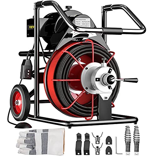 VEVOR Drain Cleaner Machine 100 ft x 1/2 inch for 2 inch to 4 inch(50-100mm) Pipes, 550W Open Drain Cleaning Machine 1700 RPM Electric Drain Auger with Cutters Glove Drain Auger Sewer Snake