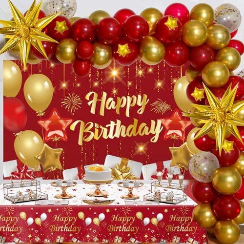 Red and Gold Birthday Decorations for Women Men Girls Boys, 72pcs Red and Gold Party Decorations Happy Birthday Backdrop Burgundy Confetti Star Balloon Arch Table Cloth Party Supplies