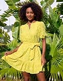 GRACE KARIN Womens Eyelet Vacation Dress Summer A-line Mini Sundress Short Sleeve V Neck Ruffle Short Casual Beach Dress Shift Yellow L