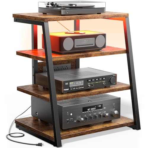 Besiost AV Media Stand with Outlets, Media Console with LED Lights, Stereo Racks and Stands with Storage Shelves, Media Audio Tower Cabinet, Rustic Brown