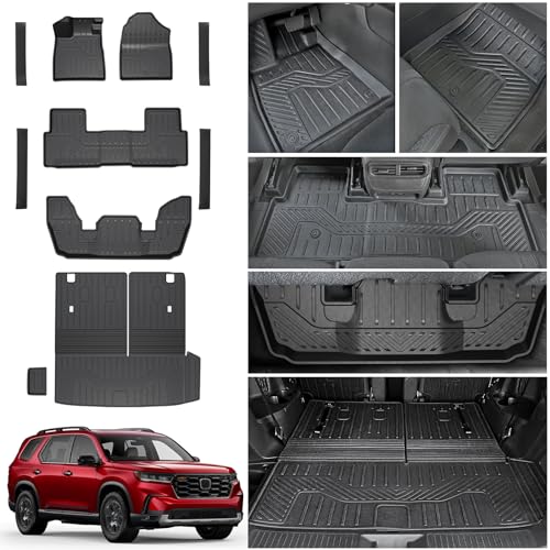 HOUCLEMIC Floor Mats for 2023-2025 Honda Pilot Cargo Mat with Backrest Mat All Weather TPE Cargo Liner Car Mats Replacement Protection for 2025 Honda Pilot Accessories Door Sill Protector