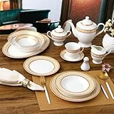 Joseph Sedgh Collection 57-Piece Bone China Dinnerware Set, Service for 8, White and Golden Greek Key