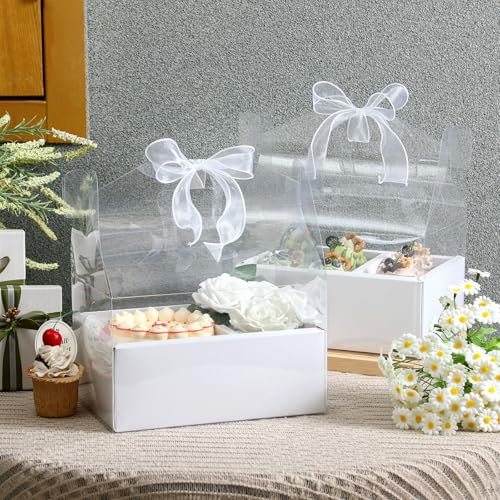 Honeydak 10 Pcs Flower Cake Box Clear Flower Portable Packaging Box with Ribbon Transparent Bouquet Decoration for Birthday Wedding Holiday, Suitable for 4 Inch Cakes (White)