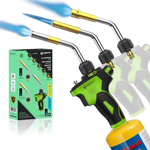 TURBOHEAT Propane Torch Head MAPP MAP Gas Torch Gun 3x Burner Tube Kit Auto Trigger Start Propane Torch Kit on Propane Gas Tank Blow Torch Head With Igniter Welding Soldering Brazing Cooking Grill Gun