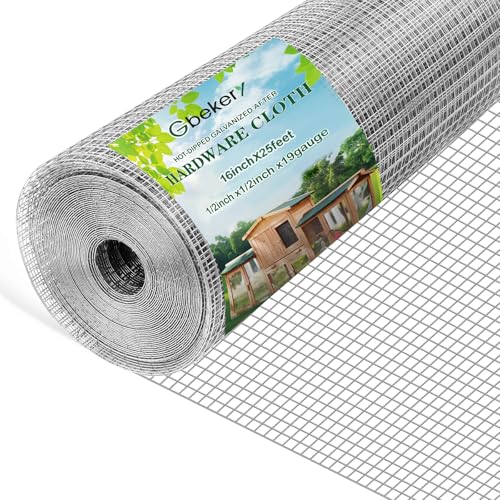 Gbekery Hardware Cloth 1/2 inch 16in x 25ft 19 Gauge, Hot-dip Galvanized After Welding Chicken Wire Mesh Roll Garden Plant Welded Metal Wire Fencing Roll, Rabbit Cages Snake Fence