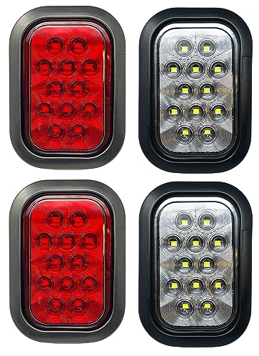 All Star Truck Parts 5x3 2x Red 2x White Rectangle Light12 LED Stop/Turn/Tail Backup/Reverse Tow Truck Semi Trailer CM Flatbed Reading Postal Hitch Mounted RV Bus Grommet 3 Wire Pigtail Plug Kit 12V