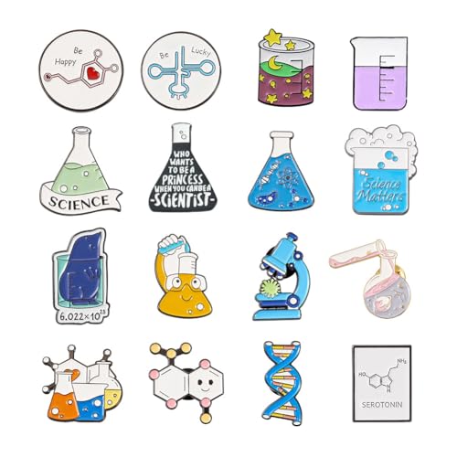 Pandahall 16Pcs Alloy Enamel Brooches Chemistry Science Theme, 16 Styles Cartoon Chemistry Theme Lapel Brooch Enamel Pin Set for Clothes Bags Decor