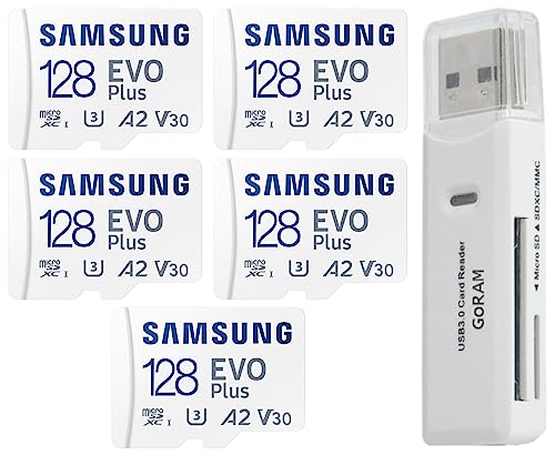 Samsung EVO Plus 128GB (5 Pack) MicroSDXC 130MB/s Class 10 Micro SD Card with Adapter (MB-MC128KA) Bundle with (1) GoRAM Card Reader (128GB)