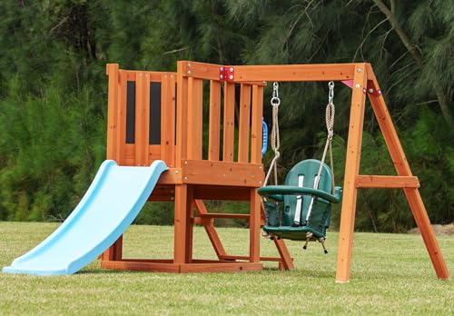 Dolphin Playground 5 in 1 Multifunction Toddler Swing Sets for Backyard, Outdoor Playset with Baby Swing, Outdoor Table, Blackboard, Slide, and Rock Climbing Wall,Toddler Swing Sets Ages 18mo to 4yrs