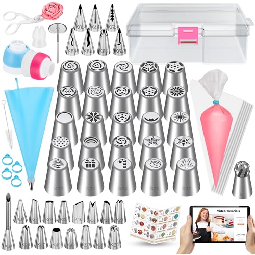 Kootek 90Pcs Russian Piping Tips Set, Piping Bags and Tips Set with 25 Russian Tips, 23 Icing Tips, 1 Ball Tip, 30+1 Pastry Bags, 3 Couplers, 4 Bag Ties for Cake Decorating, Cupcake, Cookie, Baking