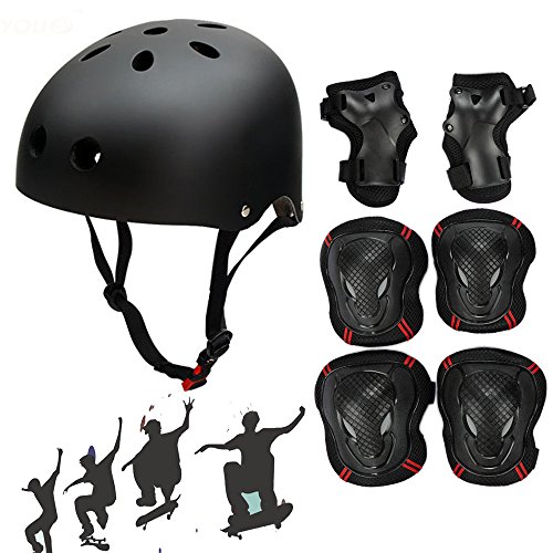 Besmall Adjustable Skateboard Skate Helmet with Protective Gear Knee Pads Elbow Pads Wrist Pads for Youth Outdoor Sports, BMX, Skateboard, Scooter, Bike, Roller, Kid's Protective Gear Set Black L