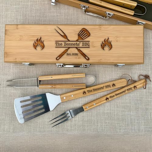 Personalized BBQ Tool Set with Custom Engraving, Bamboo Grill Utensils in Wooden Case, Custom BBQ Gift for Grill Lovers, Father's Day, Christmas Gift Set for Dad or Grandpa, 3-Piece Set