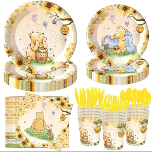 140pcs Classic Winnie Bear Baby Shower Decorations Pooh Birthday Party Supplies Baby Shower Party Tableware with Plates, Napkin, Forks, Cups for Birthday Decoration Dinnerware Set Serves 20 Guests