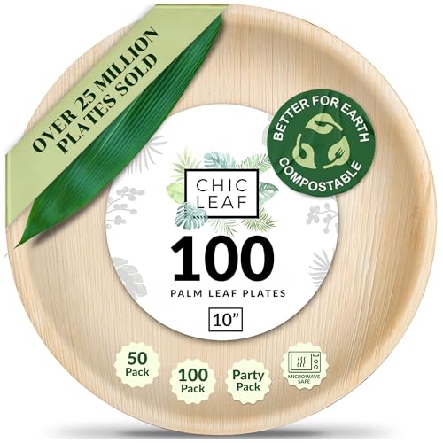 Chic Leaf Palm Leaf Disposable Bamboo Dinner Plates – Round Eco Tableware for 4th of July, Weddings, Parties, Events & Appetizers – Biodegradable, Compostable Supplies (10", 100 Pack)