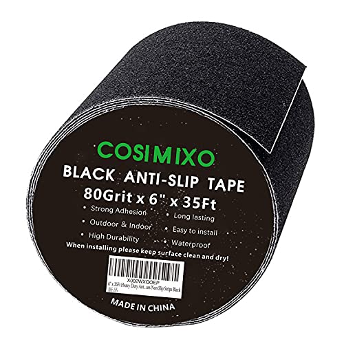 COSIMIXO 6" x 35Ft Heavy Duty Anti Slip Tape,Best 80grit Friction,Grip,Abrasive for Stairs Outdoor/Indoor,Skateboard Grip Tape Safety Non Skid Tread Staircases Anti-Slip Traction Tape Black