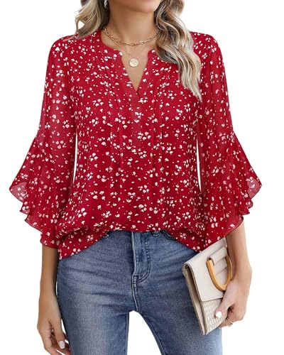 Timeson Womens Tops Dressy Casual: 3/4 Sleeve - Red Blouses for Women - Womens Dress Shirts Business Attire Professional Work Clothes Chiffon Ladies Tops Office Wear Fall Formal Interview Outfits M
